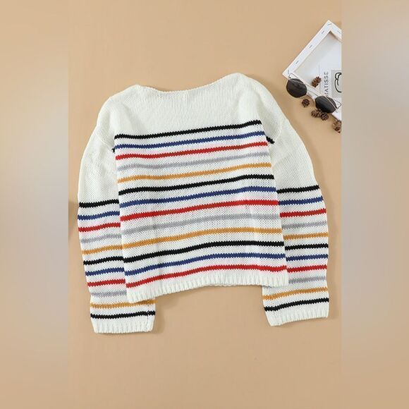 Lattes and Leaves White Rainbow Stripe Pattern Sweater - Picture 4 of 9